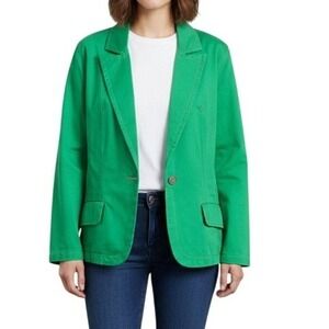 Bill Blass Women Green Cotton Denim Blazer Jacket 2X Single Button Pink Stitch